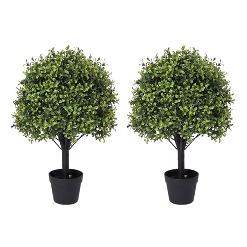 27“ Realistic Artificial Boxwood Topiary Trees Set of 2, Faux Boxwood Plants Outdoor UV-Resistant, No Maintenance Curb Appeal Fake Evergreen Bushes & Shrubs for Front Porch Outside Planter D