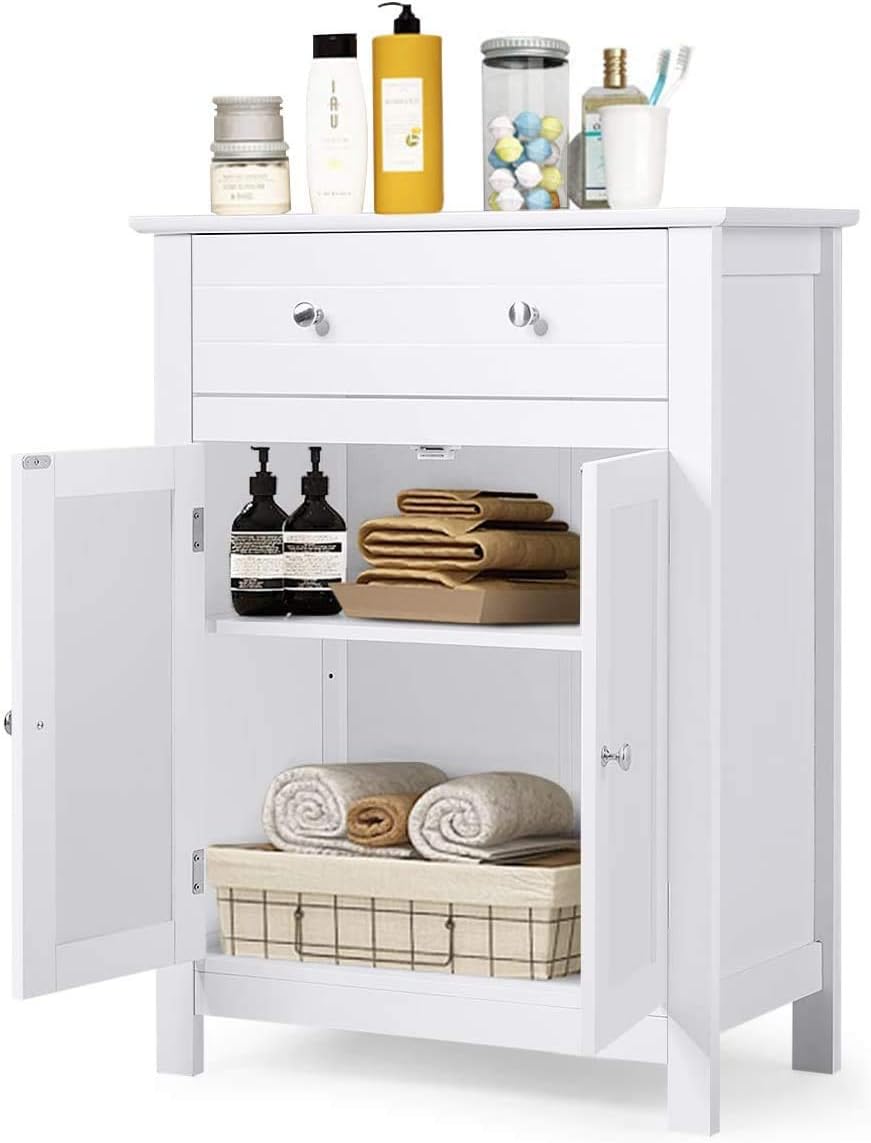 Bathroom Storage Cabinet, Free Standing Floor Cabinet with Double Door, Large Drawer and Adjustable Shelf, Ideal for Home Bathroom Living Room