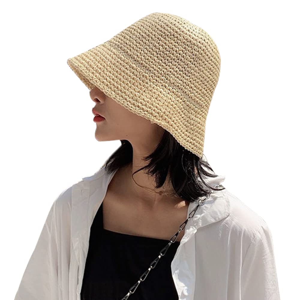 Lifenanny Women's Straw Sun Hat Hand-Woven Packable Beach Bucket Hat Summer Floppy UV Protection Hat, Beige, M