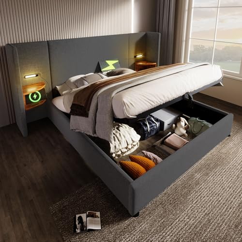 ECLIVON Cama Tapizada Matrimonio 180x200 con Mesita de Noche, Cabecero con LED y USB, Camas con Espacio de Almacenamiento Hidráulico, Estructura Cama Doble con Láminas, Sin Colchón, Lino, Gris