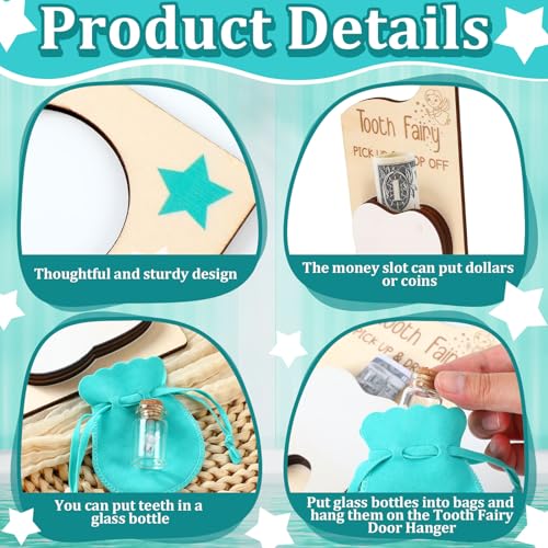 Image of DoubleFill Fairy Tooth Gift Holder Bag Door Hanger Lost Teeth Keepsake Box Tooth Fairy Kit Stores Back to School Gift for Lost Teeth Boy Girl Primary School Classroom Gifts(Classic,Lake Blue)