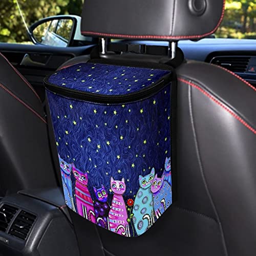 Image of Talayituse Galaxy Cat Print Car Trash Can with Lid, Leak Proof Auto Trash Bag Hanging Vehicle Garbage Can Multipurpose Storage Container for Back Seat Road Trip