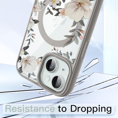 Image of VONZEE Compatible with iPhone 15 Plus Case Luxury Retro Flowers Floral Clear for Magnetic Wireless Charging Case Shockproof Case PC+TPU Cute Glossy Shiny Cover for Girls Women, 6.7'' Grey