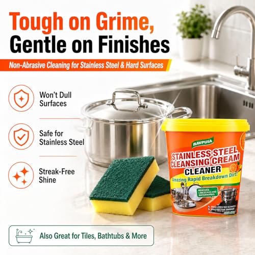Image of STAINLESS STEEL CLEANER & POLISH - Heavy Duty Cleaning Paste for Stove, Oven, Pans, Cookware, Sink | All Purpose Multi-Purpose Household Cleaner | Removes Grease & Stains | with 2 Sponges (500g)