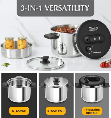 Image of KOCH SYSTEME CS Stainless Steel Pressure Cooker 6.3 QT, Olla de Presion, Easy One-Press Lock, 3 PSI Settings Stovetop Pressure Cookers, Save 70% Time, Induction Compatible, Glass Lid & Steamer Rack