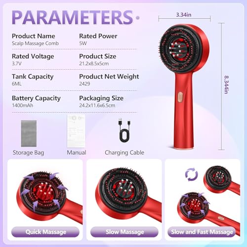 Image of 3 in 1 Hair Oil Applicator,Head Massager Scalp,Scalp Massager Hair Growth,Electric Scalp Massager Brush,Ipx7 Waterproof,Hair Scrubber Scalp Massage Tool for Home and Travel Use,Gift,Red