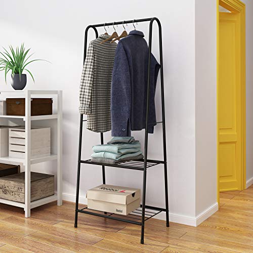 Homebi Garment Rack Metal Clothing Rack Coat Organizer Laundry Closet Storage Entrway Shelving Unit with Hanger and 2-Tier Durable Shelf for Shoes Clothes Storage in Black, 23.6”Wx13.19”Dx63”H