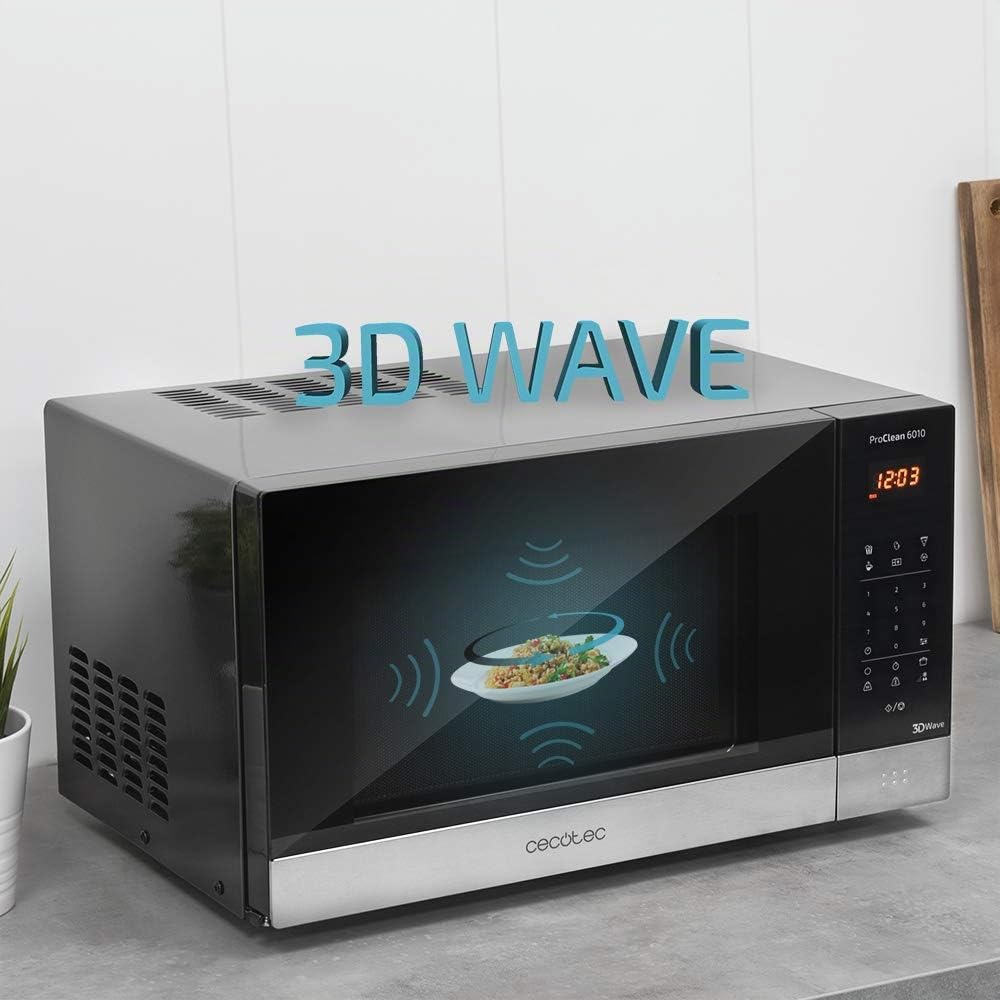 Cecotec ProClean 6010 - Micro-ondes Numérique ProClean 6010 avec revêtement Ready2Clean, Technologie 3DWave, 800 W, 23 l, Design élégant, Acier inoxydable, 8 programmes prédéterminés