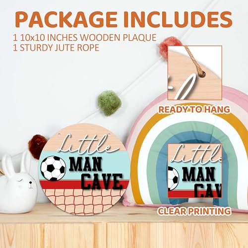 Image of Little Man Cave Sign for Boys, Baby Boy Nursery Decor, Football Wall Decor for Toddler Kids Room, 10x10 Inch Wooden Round Door Hanger-D06