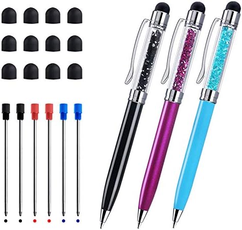 Crystal Stylus Pens, ChaoQ 3 Pcs (Black, Red, Blue) Stylus Ballpoint Pens for Touch Screens Devices, 1.0mm Medium Point Black, Red, Blue Ink, with 12 Replaceable Tips and 6 Replaceable Refills