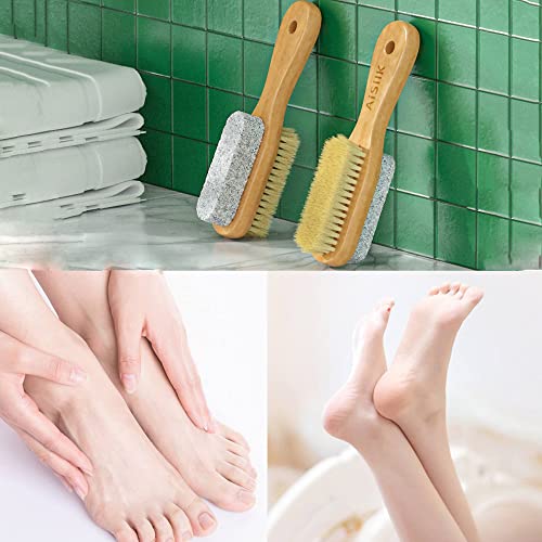 Aisilk Foot Natural Bristle Brush & Pumice Stone Combo W/Rope Wooden Handle - Exfoliator Pedicures Calluses Remover - Smoother Body Skin, Feet, Elbow Scrubber For Massage Spa Sauna And More #TOP6