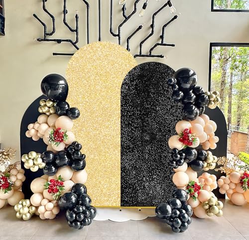 Image of Graduation Arch Backdrop Cover Set of 2 (7.2ft+6ft) Black Gold Sequin Arch Backdrop Balloon Arch Cover Party Decorations for Birthday Party Ceremony Events Decor