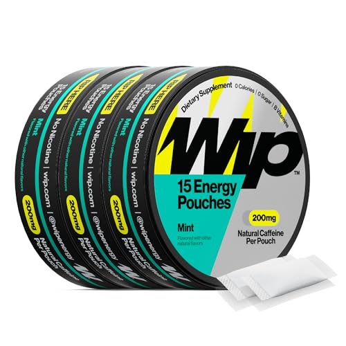 Image of Wip Energy Pouches, Sugar Free Blend with 200 MG Natural Caffeine, B Vitamins, Minerals & L Theanine for Energy Support, Pre Workout for Active Lifestyles, Mint, 3 Cans, 15 Pouches per can