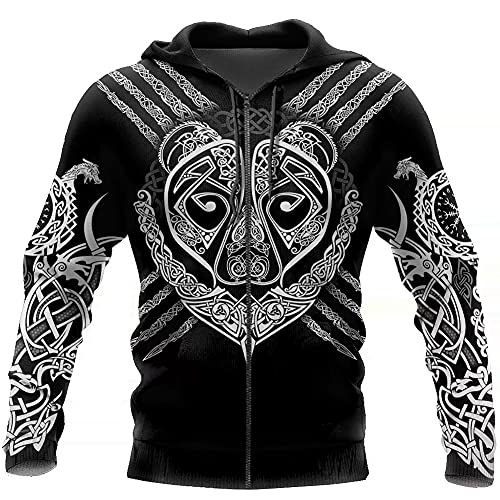 Men's Viking Bear Warrior Celtic Dragon 3D Print Zip Hoodie, Valhalla Personalized Sweatshirt Pullover Sport Jacket,Zip,XL