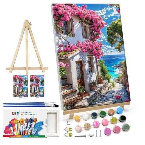 ATDMS Paint by Numbers Kit for Adults with Frame Landscape Paint by Number with Easel DIY Flowers House Adult Paint by Number Kits Paint by Numbers Kit on Canvas for Gift Home Wall Decor 8x12 Inch