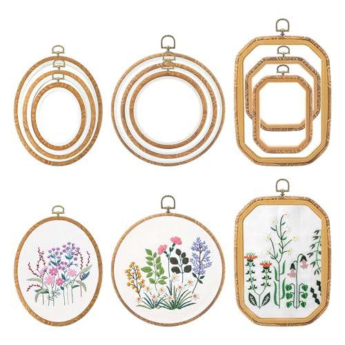 Image of 9 Pcs Large Embroidery Frame Decorative Imitated Wood Display Embroidery Hoop Circle Oval Octagonal Cross Stitch Hoop Ring for Art Craft DIY Sewing and Hanging Ornaments Decor(Color:Brown)