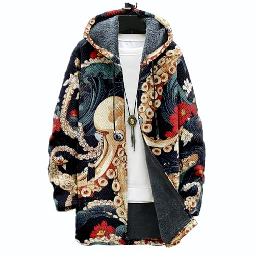 Xolivan Japanese Art Fall Coats for Men Mens Cardigan Sweater Fashion Oversized Loose Long Sleeve Full Zipper Hooded Jacket Soft Festival Windbreaker Outerwear Tops With Pockets octopus, 2XL