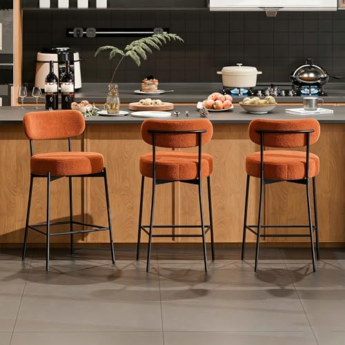 DYHOME Orange Bar Stools Set of 3 Modern Counter Height Bar Stools 24 Inches Upholstered Boucle Barstools with Curved Back Metal Legs for Kitchen Island Cafe Christmas Holiday