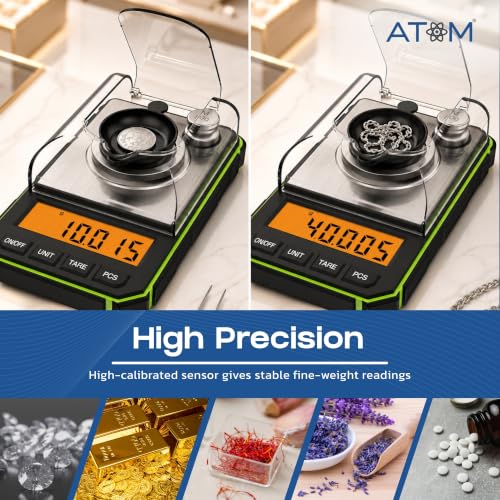 Image of ATOM A208 Digital Pocket Weighing Scale | Small Weight Machine for Jewellery, Gold, Kitchen & Gram Measuring | High Precision with Tare, Unit Conversion & Weighing Pan, LCD Backlit Screen, Pocket Size
