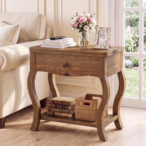 Solid Wood End Table with Drawer Set of 2, Tall Side Table for Living Room - Image 3