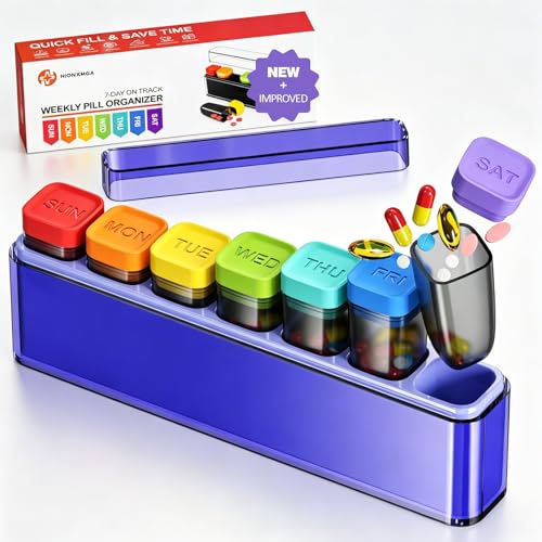 Image of HIONXMGA Color-Coded Weekly Pill Organizer Once Daily, Detachable 7 Day Travel Pill Box with Upgraded Sealing Lids, Large Portable Pill Case for Medication, Vitamins, Supplements & Fish Oils, Purple