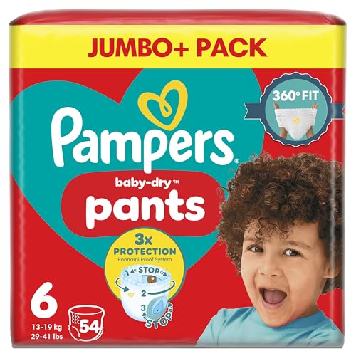Pampers Baby-Dry Nappy Pants Size 6 54 Nappies 13kg-19kg Jumbo+ Pack 360 Fit to Help Prevent Gaps and Leaks