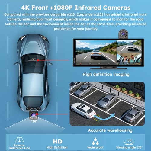 Image of CARPURIDE W125S 11.26 Inch HD Wireless Carplay & Android Auto Screen, 4K +1080P+1080P Dash Camera for Cars with 64GB Card, with Loop Recording, Bluetooth, Voice Control, GPS, FM, Super Link