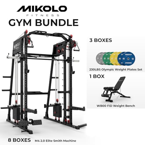 Image of Mikolo Smith Machine, All-in-one Power Cage Home Gym with Weight Stack, Aluminum Pulley Set, Dual LAT Pull-Down System & Cable Crossover, Black (with 230lb Color Plates Set+Bench)