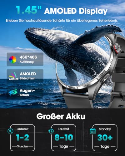 FOSMET Smartwatch Herren, ECG/HRV/BMI/MET & Mikro-Gesundheitscheck, Schwarz â Bild 4
