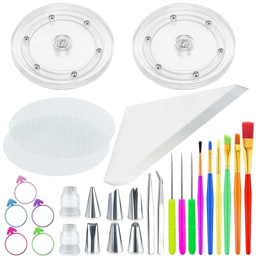 56 Pcs Cookie Decorating Kit Supplies Including Acrylic Turntable Decoration Brushes Scribe Needle Piping Bags Icing Tips For Cookie Cupcake Cake Decorations