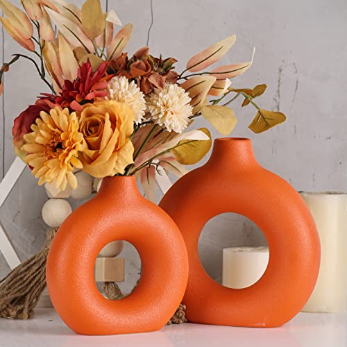 Orange Vase,Orange Ceramic Vase,Burnt Orange Decor Vase,Modern Decorative Vase For Flowers Decor Centerpieces,Farmhouse/Fire Place/Living Room/Bedroom/Office/Orange Living Room Decor And Accessories #TOP2