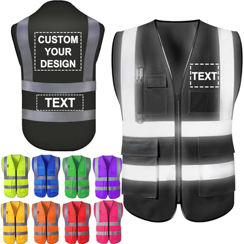 Custom Safety Vests Reflective Vest with Pockets Personalized Logo Name High Visibility Protective Workwear for Men Women(2XL)
