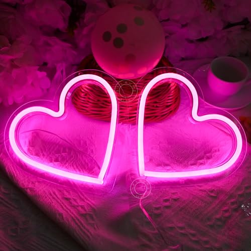 Image of SYLHOME 2 Pack Heart Led Neon Light Sign Battery /USB Powered Wall Decor | Pink & Pink Bedroom Wedding Anniversary Backdrop Wall Neon Light Sign Decor Valentines Day Birthday Sign Gift, 7.87 inchX7.28 inch