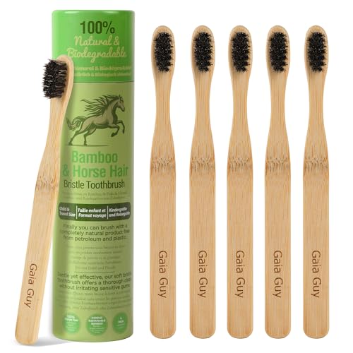Gaia Guy Cepillo de dientes pequeño de bambú, paquete de 6 cerdas suaves de crin de caballo (sin nailon, sin plástico), tamaño compacto para niños o adultos, 100% compostable, biodegradable, ecológico