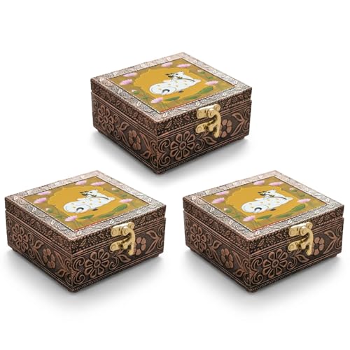 Image of Kamdhenu Wooden Jewellery Box | Handcrafted Decorative Storage Organizer | Traditional, Multipurpose Keepsake Box for Rings, Earrings & Small Accessories | Golden, Pack of 3