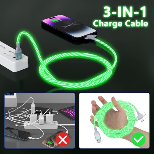 Cable de carga brillante 3 en 1 para evitar enredos compatible con iPhone y Android de 6FT 6