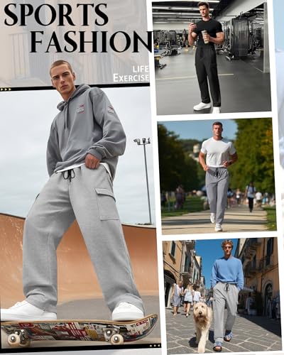 Neer 3 Pack Men's Baggy Cargo Sweatpants Wide Leg Straight Drawstring Open Bottom Joggers S-3XL Lounge Pants with Pockets3