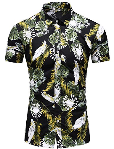LEFTGU camisa de vestir con botones y manga larga para hombre con estampado floral - Negro - X-Large pecho : 122 cm