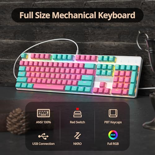 Image of Full Size Mechanical Keyboard, Creamy Keyboard with Number Pad, 104 Keys Wired Gaming Keyboard, Pink Keyboard with Red Switch, RGB Backlit for PC Laptop(Miami)