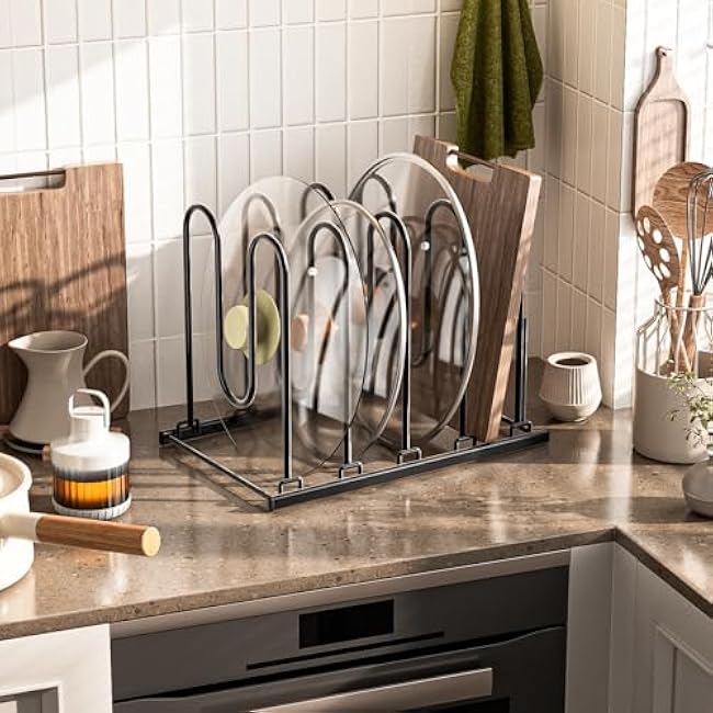JAQ Pots and Pans Organizer, 13.18 inch Heavy Duty Pot Lids Rack Holder Adjustable Height for Muffin Tins, Baking Sheets, Skillets,Cookware,Bakeware in Cabinets Shelf Countertop Pantry-Black