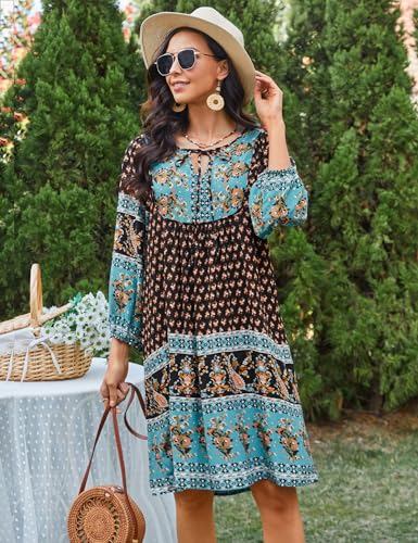 Image of Bluetime Women Casual Summer Dress Boho V Neck 3 /4 Sleeve Babydoll Floral Print Flowy Beach Dress