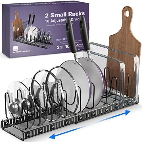 10+ Expandable Pan and Pot Lid Organizer for Cabinet – Pot Lid Holder for Cabinet Organizer with 10 Adjustable Dividers, Anti-Scratch Padding – Lid Rack for Bakeware, Plate Holder (Dark Grey, 5.5"W)