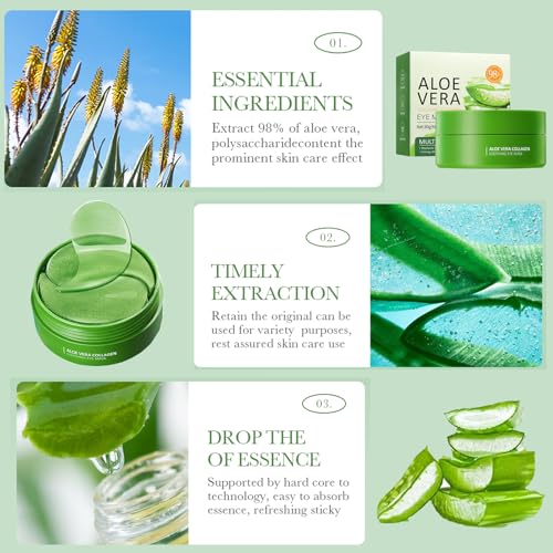 60 Stück Aloe Vera Augenpads gegen Augenringe, Hyaluronsäure Augenmaske mit Kollagen, Reduziert Falten, Schwellungen und Tränensäcke, Feuchtigkeitsspendend für müde Augen