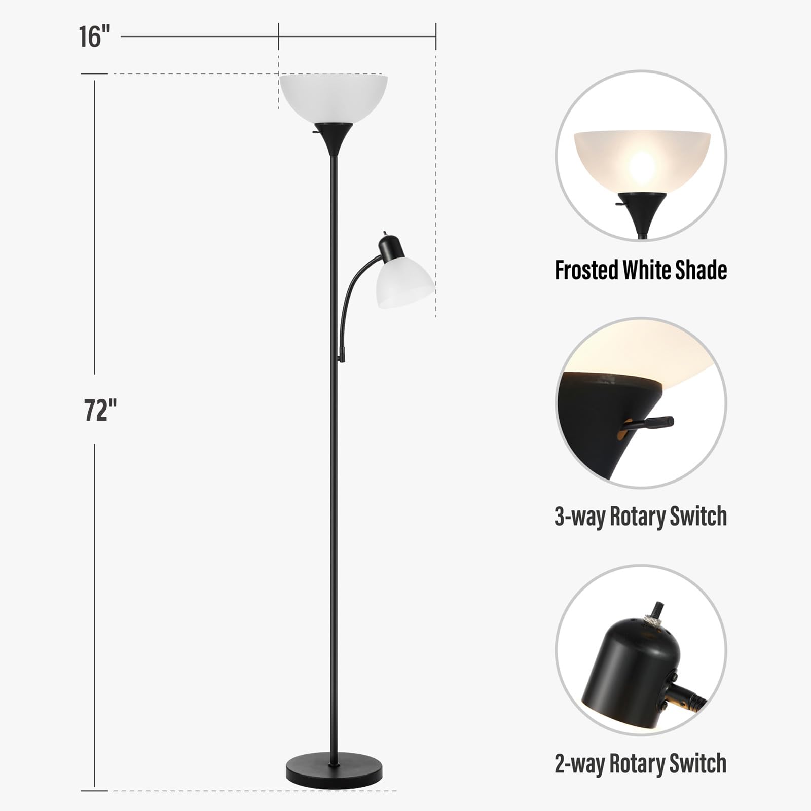 HonoDing Lampada da terra nera regolabile con luce di lettura Lampada da terra moderna per soggiorno/ufficio alta 72" - 10 watt con luce di lettura laterale Lampada ad angolo (nero)