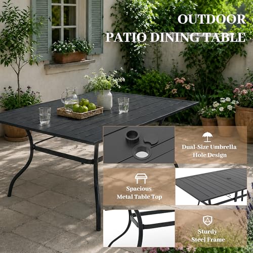 Image of Anmutig 7-Piece Outdoor Dining Set, Powder Coated Steel Table with 6 Stackable Chairs and Rectangular Table, Grey Fabric