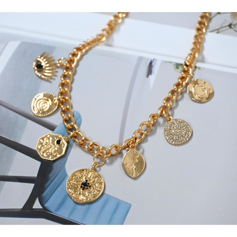 Charm Necklace for Women Chunky Plated Necklace Evil Eye Sun Pendant Statement Rhinestone Chain 5