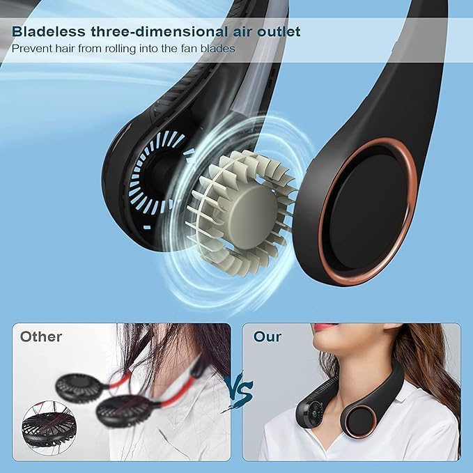 Image of TMY Portable Hanging Bladeless Neck Fan (Black) | Rechargeable Battery Operated Personal Fan | 3 Speed Wearable Cooling Fan | Hands-Free USB Neck Fan for Travel, Office, Outdoor & Gym (1305) (TMY38)
