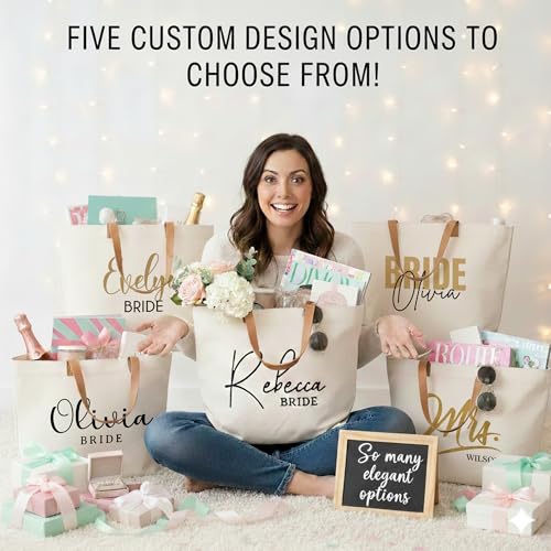 Image of ELEGANTPARK Personalized Bride Tote Bag with Zipper - Custom Engagement Gift for Bride to Be - Large Canvas Wedding Planning Bag - Bachelorette Party & Honeymoon Beach Tote - Bridal Shower Keepsake