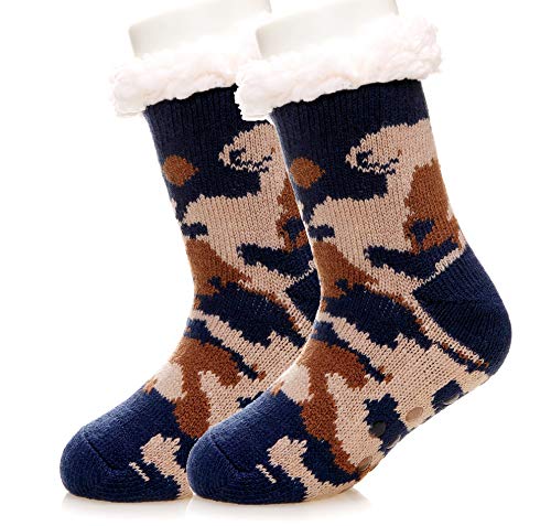 Kids Boy Girl Slipper Socks Soft Fuzzy Warm Heavy Thick Fleece lined Christmas Stockings Child Toddler Winter Cozy Socks (Blue Camouflage, 8-12 Years)