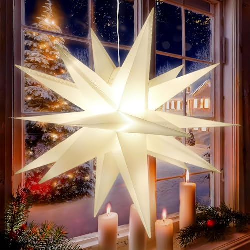 Dongcill Stella Natale LED Luminosa,40 cm Stella Pieghevole Appendere,Glow Luminosa 3D,Resistente Alle Intemperie,Decorazione del Giardino,Soggiorno, Decorazione Natalizia,Giallo Caldo